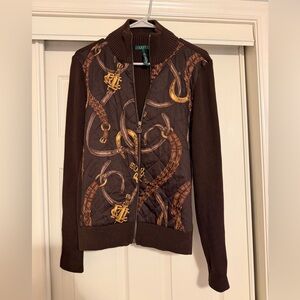 Ralph Lauren Equestrian Chain Bit Horse Brown Quilted Sweater Full Zip Sz L